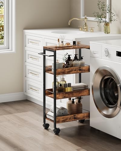 CHOEZON 4-Tier Slim Storage Cart, 9.1'' Kitchen Serving Trolley, Slim Rolling Cart with Handle and Guard Rails, Slim Cabinet for Small Spaces, for Dining Room, Rustic Brown and Black TTC03BF - Image 2