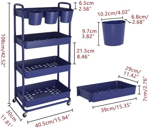 JIUYOTREE 4-Tier Plastic Rolling Storage Cart Utility Cart Blue - Image 2