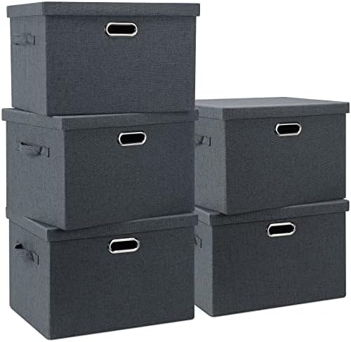 Graciadeco Large 17" 36 Quart Collapsible Stackable Storage Bins with Lids, 5 Packs Dark Gray Foldable Fabric Closet Storage Boxes with Lids Heavy-duty Linen Cube Baskets(17 x 12 x 11) by GraciadecoStorage