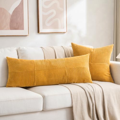 Fancy Homi Set of 2 Gold Yellow Boho Long Lumbar Body Decorative Throw Pillow Cover 14x36 Inch for Bed Couch Bedroom Bench, Soft Patchwork Corduroy Textured Pillow Case, Rustic Farmhouse Room Décor - Image 5