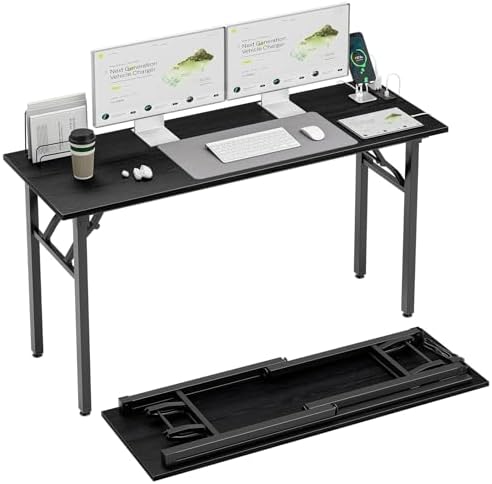 TEMI Long Computer Desk Folding Table - No Assembly, Compact 55.1" Foldable Desk with Power Outlets & USB Charging Port, Portable Lagre Office Desk, Study Table for Narrow Spaces, Dark Oak by TEMI