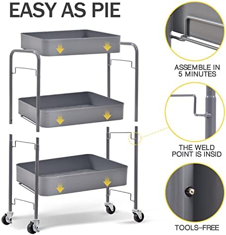 TOOLF 3 Tier Metal Rolling Cart, Utility Storage Cart with Wheels, Grey | Screwless Assembly, Lockable Metal Wheels, Trolley Organizer for Bathroom, Kitchen, Office, Dorm, Laundry, Craft Room - Image 5