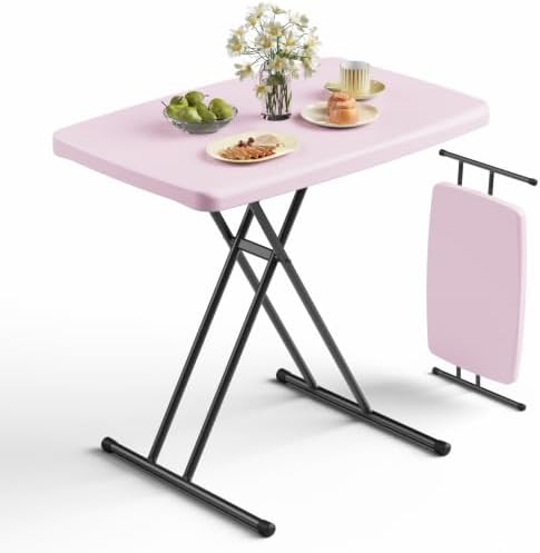 Folding Table 30 Inch - Small Desk Adjustable Height TV Tray for Laptop, Couch, Camping - Heavy Duty Utility Foldable Table for Small Spaces, No Assembly Required, Granite (Pink) by FoldingFurniture