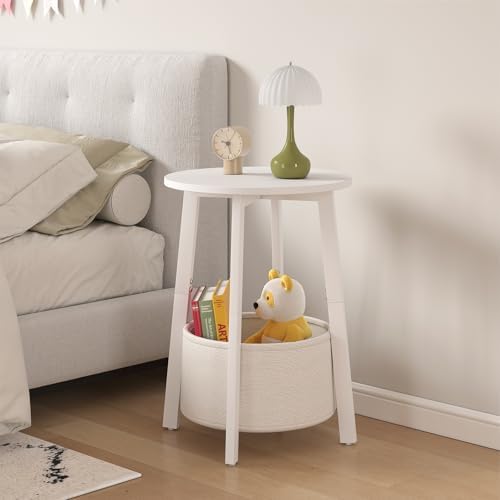 sthmec Small Round Side End Table Set of 2 with Cloth Storage Basket, Round Bedside Sofa Couch Coffee Tables for Small Places with Metal Frame, Modern Nighstands for Living Room Bedroom,White - Image 6