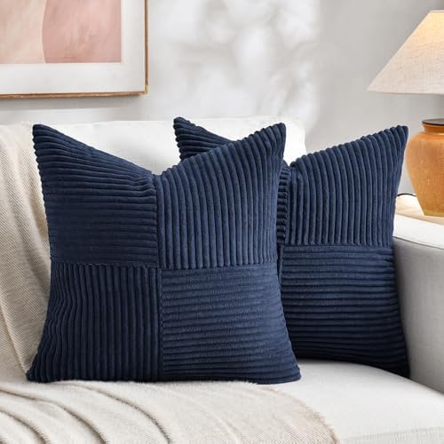 Fancy Homi 2 Packs Navy Blue Decorative Throw Pillow Covers 16x16 Inch for Living Room Couch Bed, Rustic Farmhouse Boho Home Decor, Soft Corss Patchwork Corduroy Textured Square Cushion Case 40x40 cm by Fancy+Homi
