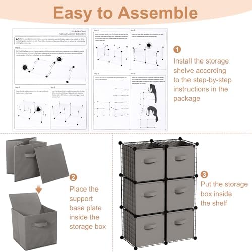 Leinuosen 6 Cube Storage Organizer with 6 Foldable Fabric Storage Bins, Metal Wire Grid Shelves, Stackable Modular Closet Organizer for Bedroom Living Room Office Toys Books(Black,Gray) - Image 3