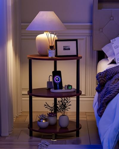 Small Round Side Table - 3-Tier Oval Accent Table for Small Spaces, Rustic Wood and Metal Nightstand for Living Room or Bedroom, with Built-in USB Ports and Power Outlet, Rustic Walnut - Image 5
