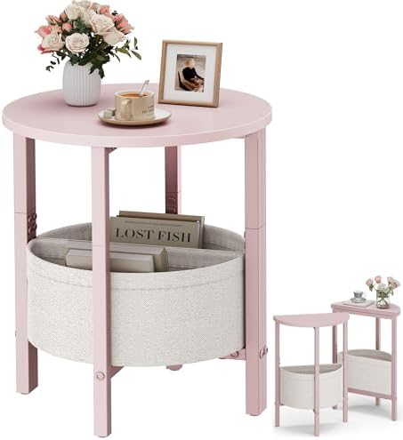 Vagusicc Small Round Side Table, Accent End Table with Storage Basket, Set of 2 Half Round Coffee Table End Table, Half Moon Bedside Table, Modern Nightstand Couch Table for Living Room Bedroom, Pink by Vagusicc