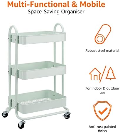Amazon Basics 3-Tier Metal Rolling Utility Cart, Storage Organizer, Multi-Functional Kitchen Island Cart, Portable Shelving Unit with Caster Wheels, Mint Green - Image 3