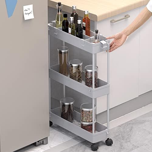 SPACELEAD Slim Storage Cart 3 Tier,Bathroom Organizer Rolling Utility,Mobile Shelving Unit Slide Out for Office, Kitchen, Laundry Room & Narrow Places,Gray - Image 2