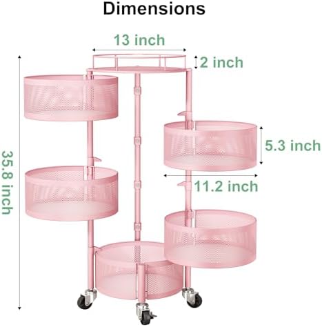 SAYZH 5 Tier Fruit Vegetable Basket Stand for Kitchen, Rotating, Pink - Image 2