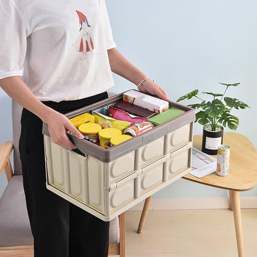 Collapsible Storage Box with lid 30L Lidded Storage Bin Crates Plastic Tote Container Stackable Folding Utility Crates Shelf Basket for Clothes Books Snack Shoe Storage Container (Khaki) - Image 2