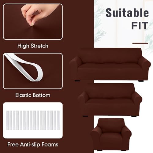 Peryiter 3 Pcs Couch and Loveseat Sofa Covers,Coffee Brown,Milk Silk - Image 5