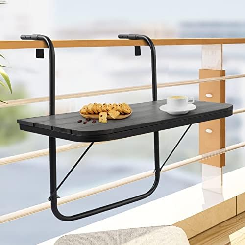 Balcony Table Hanging Deck Railing Table Outdoor Balcony Bar Tables for Railings Aluminium Folding Adjustable for Patio Deck Garden Baluster Windows 23.6" x 15.7", All Weather Space Saving Black by PatioNovagarden