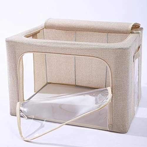 CYhom 3Pack Foldable Storage Bins - Frame Storage Box Linen Fabric Stackable Clothes Container Organizer with Clear Window & Carry Handles Large Capacity (Large-66L, Beige) - Image 6