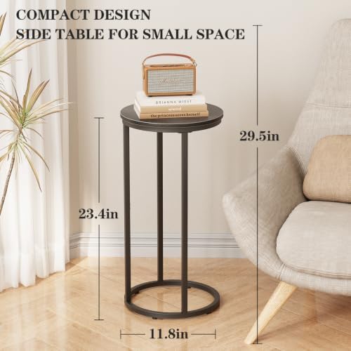C Shaped end Table,Wood Round Side Table for Couch,Small Sofa Table with Metal Frame for Bedroom,Living Room,Bedside,Black Wood Grain(11.81" D x 11.81" W x 23.62" H) - Image 3