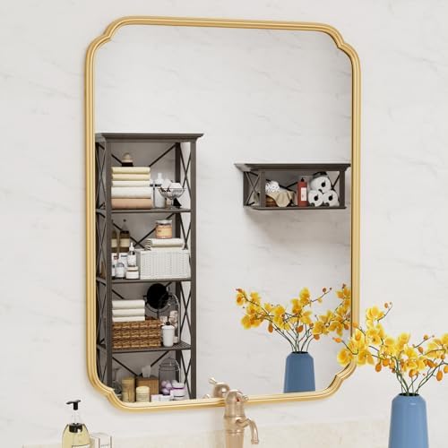 Ferytange 30" x 40" Gold Bathroom Mirror for Over Sink, Modern Rounded Corner Rectangle Wall Mirror for Bathroom Vanity Decorative with Non-Rusting Iron Metal Framed (Horizontal/Vertical) by FerytangeHome