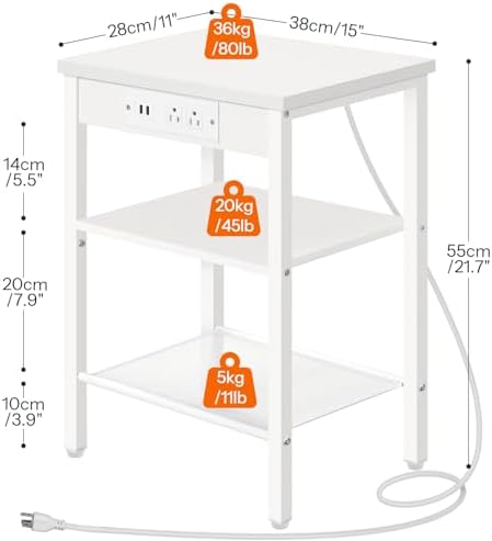 HOOBRO Side Table with Charging Station and USB Port, Small End Table for Small Space, 3-Tier Nightstand with Adjustable Shelf, for Living Room, Bedroom, White WW112BZ01 - Image 3