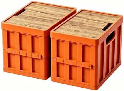 50L Orangered 2 Pack Collapsible Storage Crate Wooden Lid Stackable Bin for Garage Camping by Unknown