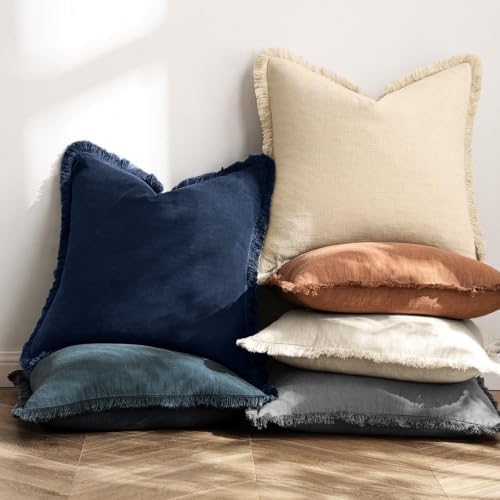 MIULEE Linen Fringe Decorative Euro Throw Pillow Covers Dark Navy 22x22 - Image 4