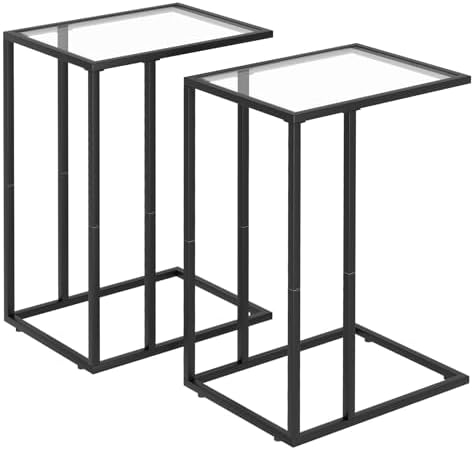 C Shaped End Table Set of 2, Sofa Couch Side Table, Tempered Glass Snack TV Tray Table with Metal Frame for Small Space,Living Room, Bedroom, Bedside,Modern Style, Black,2PCS by Adompacat