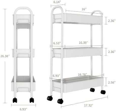 Slim Rolling Cart, Metal Frame Utility Rolling 3-Tier Narrow Storage Cart - Image 2