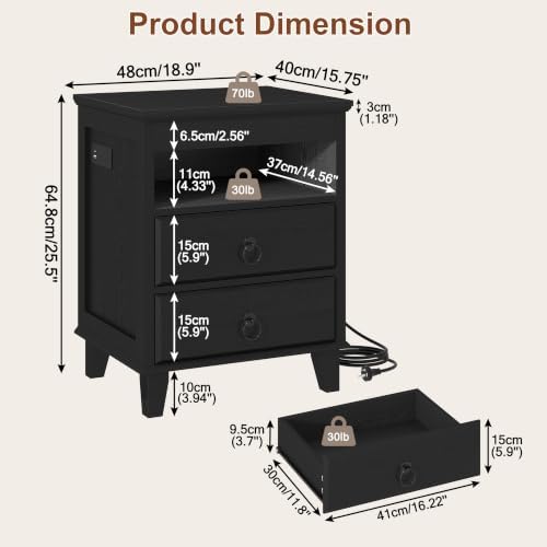 Yusong LED Night Stand with Gun Drawer, Bedside Table with Charging Station, Sofa Couch End Side Table with with 2 Drawers ＆Open Shelf for Bedroom, Black - Image 2