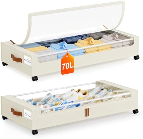 Yecaye Under Bed Storage with Wheels 2 Pack, 70L Larger Capacity Under Bed Storage Containers, Underbed Shoe Storage Organizer, Rolling Under Bed Metal Drawers for Clothes, Blankets(35.5 x 17 x 6.7in) by Yecaye
