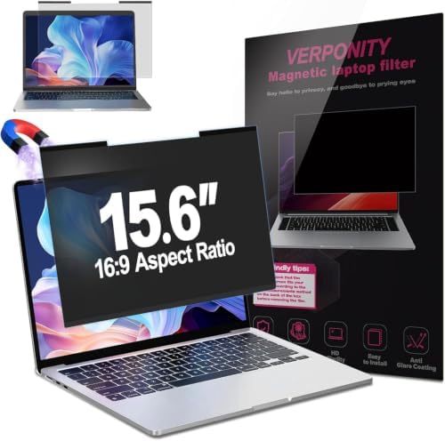 Magnetic Laptop Privacy Screen 15.6 Inch 16:9 Display, Removable Computer Screen Privacy Shield, Anti-Glare Blue Light Protector Compatible with Dell Hp Lenovo Acer Asus Samsung by Verponity