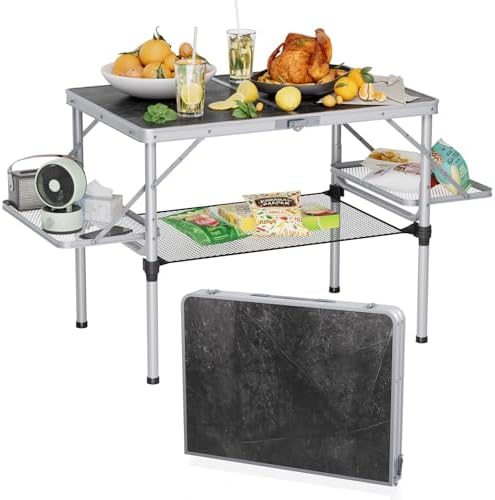 Titanker Folding Camping Table 3ft, Large Camp Table Portable with Extra Side Racks & Storage Net, Folding Picnic Table, Outdoor Patio Table, RV/Car Camping Essentials, Aluminum, Silver by Titanker