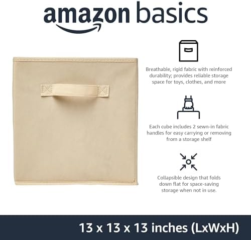 Amazon Basics Collapsible Fabric Storage Cube Bins Organizer with Handles for Organization and Organizing Solution, 13"x13"x13", Beige, 6-Pack - Image 2