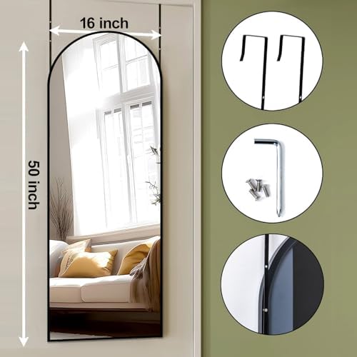 DMWOODFL 50"x16" Black Arched Over The Door Mirror, Adjustable Height Full Length Mirror with Shatterproof Glass & Aluminum Frame, Wall Mounted Hanging Mirror for Bedroom Living Room Bathroom Dorm - Image 2