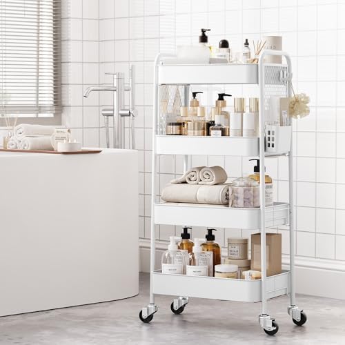 TOOLF 4 Tier Rolling Cart, Metal Utility Storage Cart with Pegboard, White | 2 Bins & 4 Hooks, Screwless Assembly, Lockable Wheels, Trolley Organizer for Bathroom, Kitchen, Office, Dorm, Craft Room - Image 4