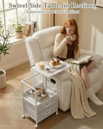 Faesun Swivel Lift Top Nightstand with Charging Station, Rolling Side Table for Recliner, Bedside Table with Wheels & 2 Fabric Drawers, for Small Spaces, for Bedroom, Living Room, White Gray - Image 5