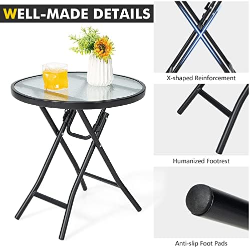 GIANTEX Round Folding Side Table, Patio Table w/Tempered Glass Tabletop - Image 6