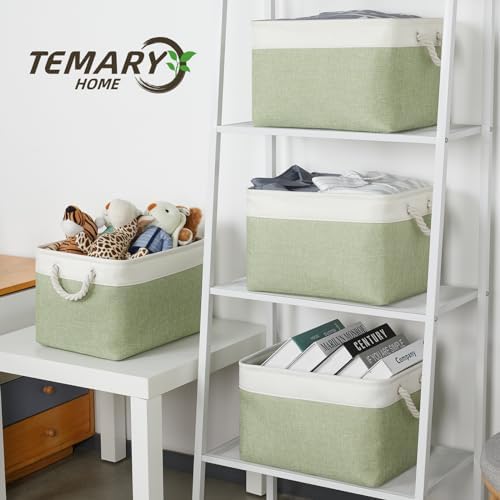 Temary Fabric Storage Baskets 4Pack Storage Bins Decorative Basket for Gift, Clothes Bin with Handles, Rectangle Baskets for Storage, Blankets(White&Green,15x11x9.5 inch) - Image 5