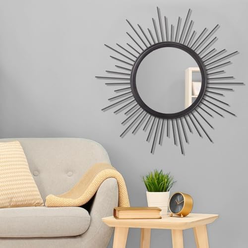 Sunburst Wall Mirror, Black Large Spoked Wall Decor Mirror Bohemian Home Round Modern Metal Wall Art Mirror for Living Room Hallway Bedroom Bathroom 24" x 24" - Image 3