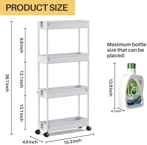 SPACEKEEPER Slim Rolling Storage Cart, 4 Tier Bathroom Cart Organizer, Gray - Image 4