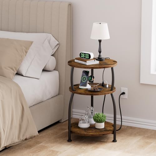 Round Side Table with Power Outlet, USB Type C Port, 3-Tier End Table - Image 5