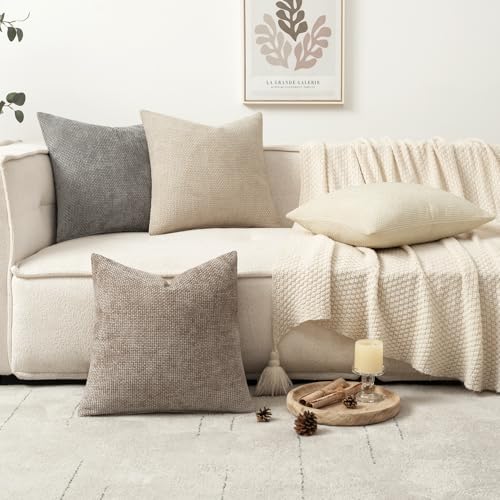 MIULEE Decorative Chenille Pillow Covers Neutral Beige 20x20 Pack of 4 - Image 5