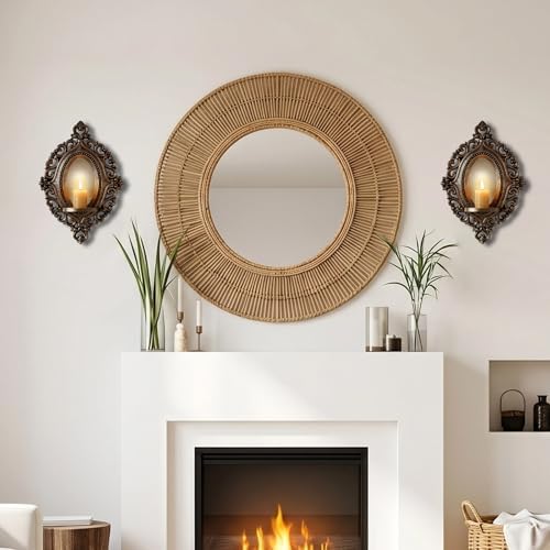 2 Set Vintage Candle Wall Sconce for Home Decor Living Room Bedroom Office Wood Antique Mirrored Victorian Mounted Candlestick Wall Holder Relief Hanging Decor -Brown 11.8in - Image 6