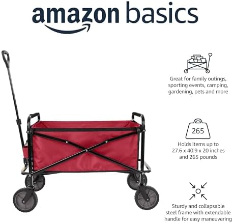 Amazon Basics Collapsible Heavy Duty Utility Wagon for Outdoor Sports, Camping, Garden, and Pets, Portable with Handle, 265 pounds Weight Capacity, 27.6 x 40.9 x 20 inches, Red - Image 2