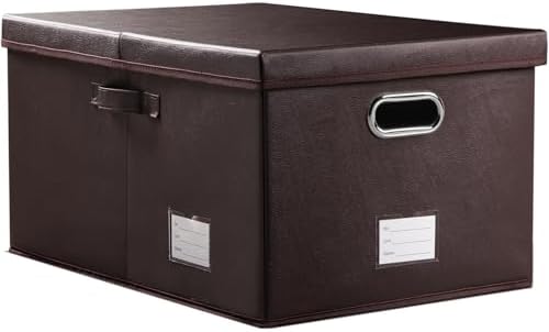 PRANDOM Collapsible Storage Box with Lid [1-Pack] Leather Fabric Foldable Storage Bin Organizer Container Basket Cube with Cover for Home Bedroom Closet Office Nursery Brown (22.8X15.7X11.8) by Prandom