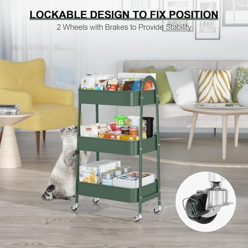 EAGMAK 3 Tier Utility Rolling Cart, Metal Storage Cart with Handle and Lockable Wheels, Multifunctional Storage Organizer Trolley with Mesh Baskets for Kitchen, Living Room, Office, Garage (Jungle) - Image 5