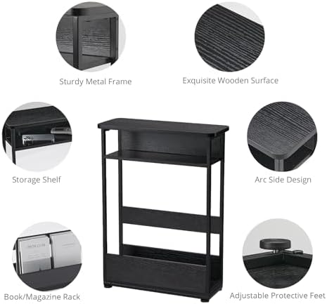 Narrow Side Table,3-Tier Slim End Table with Storage Shelf,Modern Sofa Table Thin Side Table for Narrow and Small Spaces, Skinny Bedside Table Small Nightstand with Magazine Rack Space Saving/Black - Image 5