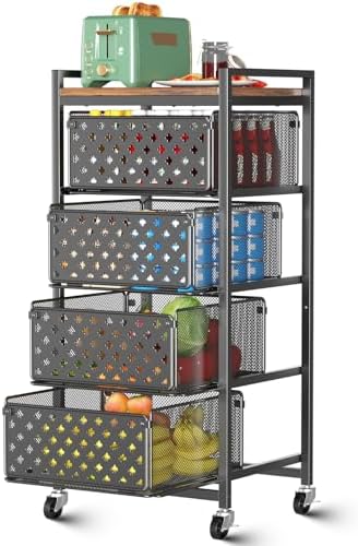 5 Tier Kitchen Storage Cart with Wheels, Utility Fruit Vegetable Storage Rack Stand with Pull-Out Baskets & Wood Top, Metal 4-Drawers Rolling Snack Cart, Kitchen Cart for Potato Onion(Black) by Xpatee