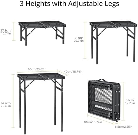 Anbte 2ft Folding Camping Grill Table Max 29.5", 3 Adjustable Height, Black - Image 3