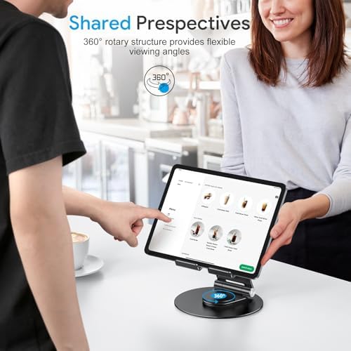 OMOTON Swivel Tablet Stand for iPad with 360 Rotating Base, Foldable Adjustable Holder for Drawing, Compatible with iPad Pro/Air/Mini and More, Black Gray - Image 2