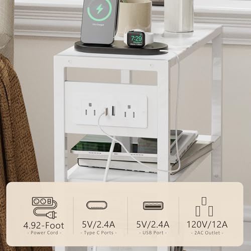 End Table with Charging Station, 3-Tier Side Table for Small Space, Skinny Nightstand with USB/Type C Port and 2 Outlets, Slim Sofa Beside Table for Living Room, Bedroom and Balcony, White - Image 6