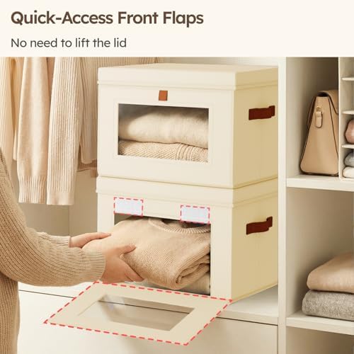 Homsorout Storage Bins with Lids - Front Opening Storage Box with Clear Window & Handles, Stackable Foldable Fabric Bins for Closet Organization, Clothes, Sweaters, Towels, Blankets, 4 Pack, Beige - Image 3